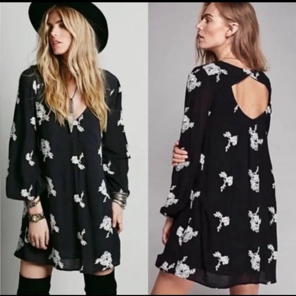 Free People Black White Floral Embroidered Tunic Swing Babydoll Dress M